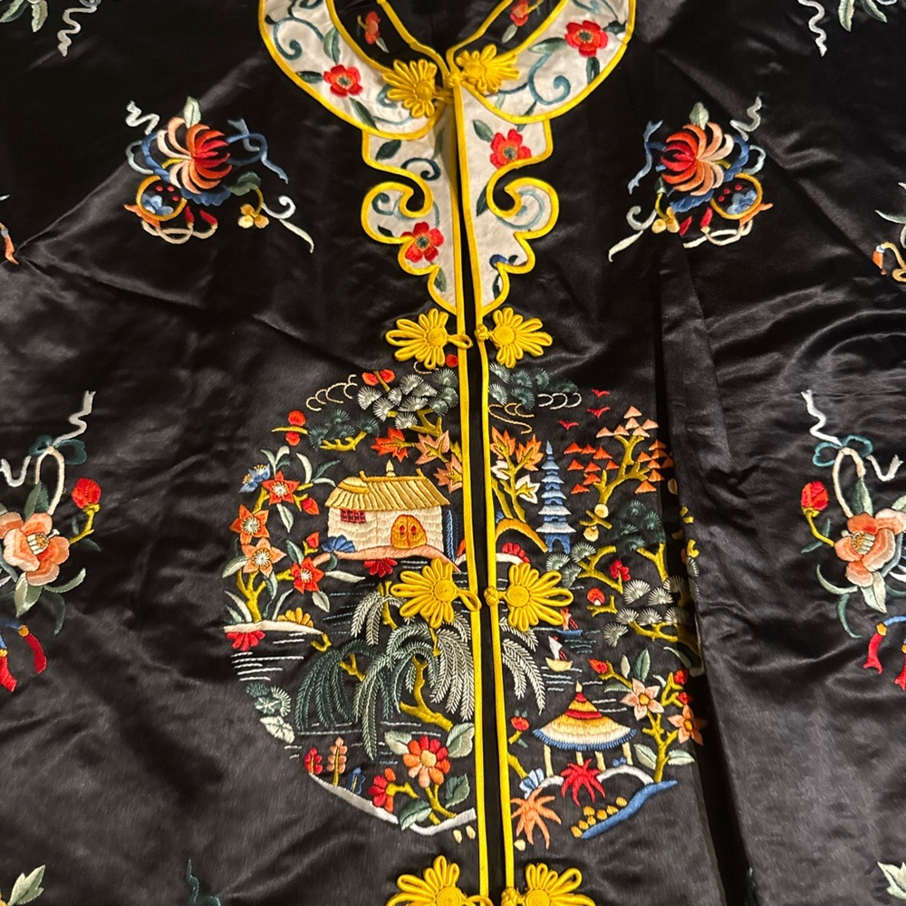Embroidered Long Sleeve Dress - Black with Multicolor Floral Design